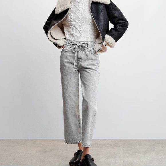 Mango Light Grey Bow Cotton Jeans/Culottes - Size 34 - Picture 5 of 13